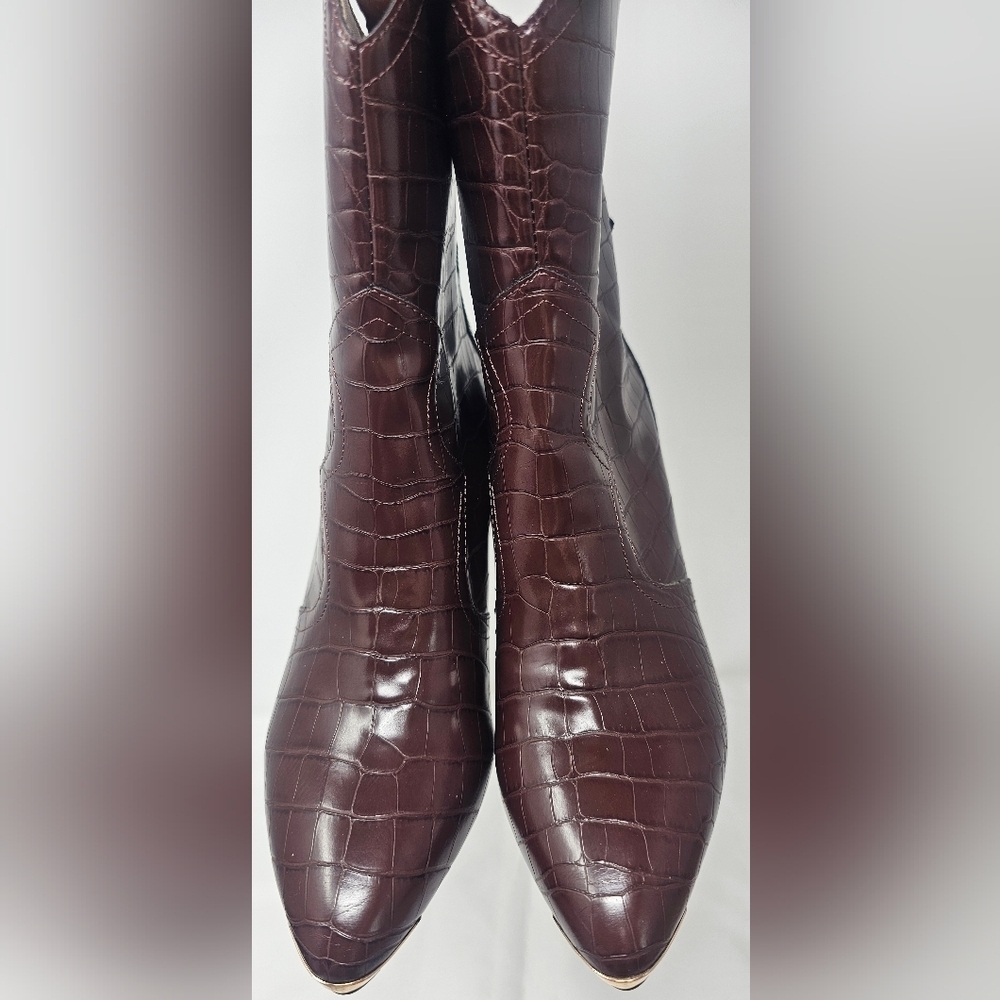 Nanette Lepore Women's Sage Faux Leather Brown Croc Cowboy Boots Size 9.5M - Picture 2 of 14